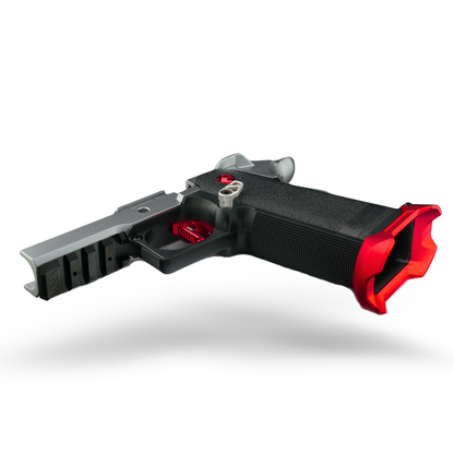 minnesota airsoft custom hicapa airsoft pistol MNA project Kratos red and silver custom build. 2026 new red and silver hi capa for tokyo marui upgrades. grip view of the lower.