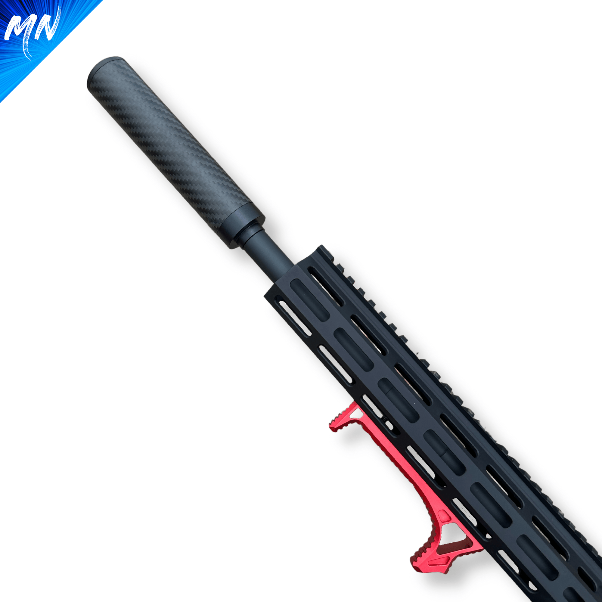 Experience unmatched performance with the Minnesota Airsoft Gen 3 Phantom Carbon Fiber Airsoft Suppressor - the perfect accessory for your custom built HPA rifle like the Wolverine MTW