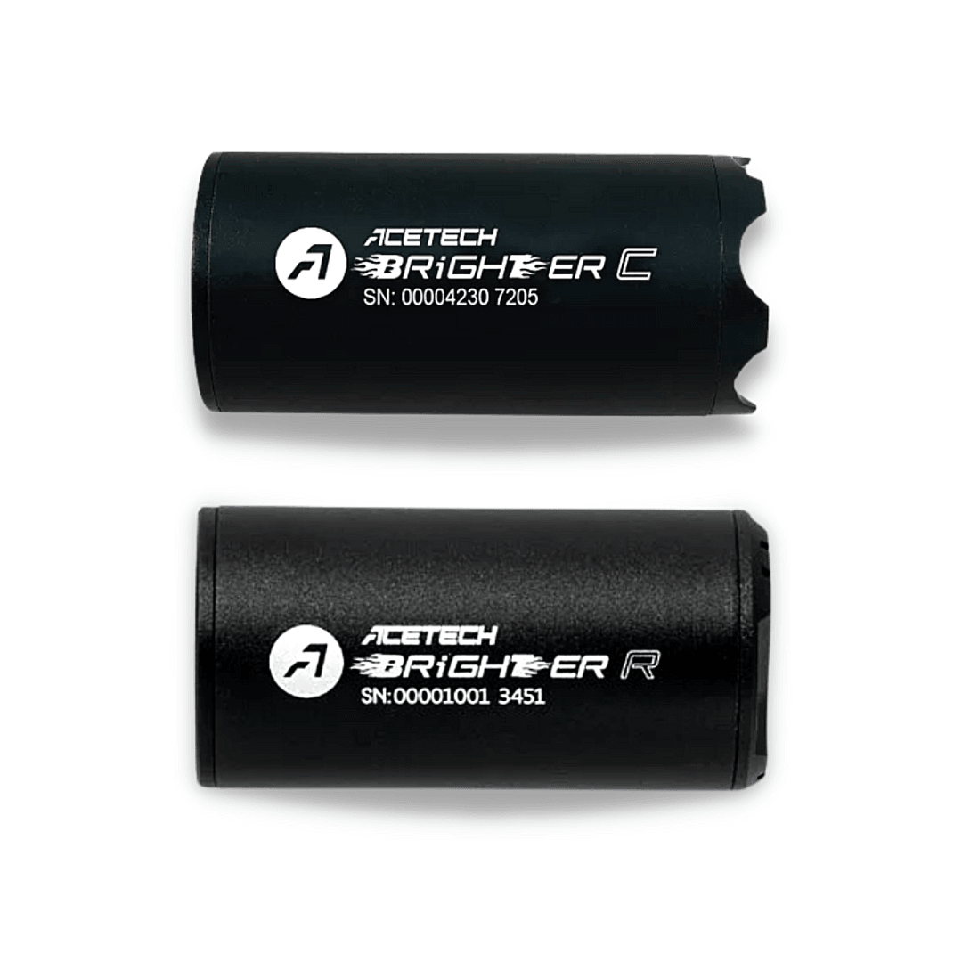 Front view of the AceTech Brighter C Tracer Unit - a compact, lightweight, crafted from durable Aluminum & Polymer airsoft tracer unit. This Acetech tracer unit is compatible with both airsoft spec 14mm CCW & 11mm CW threads, and offers convenient USB-C or Micro-USB charging. Illuminate your shots with precision using Green & Red BBs, and immerse yourself in the game with this cutting-edge airsoft tracer unit.