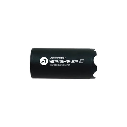Front view of the AceTech Brighter C Tracer Unit - a compact, lightweight, crafted from durable Aluminum & Polymer airsoft tracer unit. This Acetech tracer unit is compatible with both airsoft spec 14mm CCW & 11mm CW threads, and offers convenient USB-C or Micro-USB charging. Illuminate your shots with precision using Green & Red BBs, and immerse yourself in the game with this cutting-edge airsoft tracer unit.