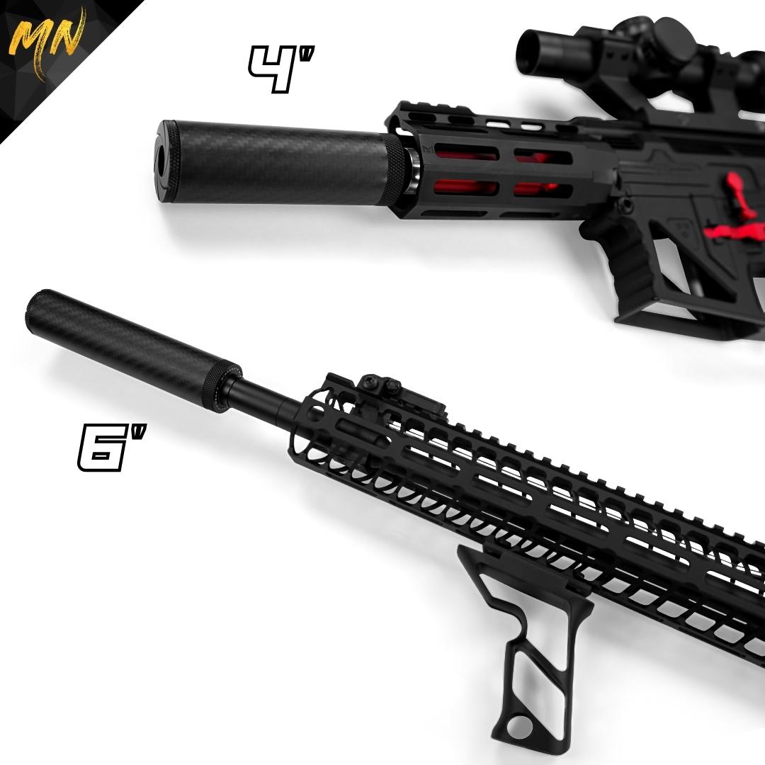 Get the competitive edge with the Minnesota Airsoft Gen 4 Phantom Carbon Fiber Airsoft Suppressor - the ultimate accessory for serious airsoft players. With its upgraded end cap design, professional-grade open-cell acoustic foam, and T6 7075 aluminum construction, this suppressor is designed to reduce noise and improve accuracy. Comes with a bonus red front end cap and luxury storage box for your convenience.