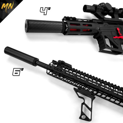 Get the competitive edge with the Minnesota Airsoft Gen 4 Phantom Carbon Fiber Airsoft Suppressor - the ultimate accessory for serious airsoft players. With its upgraded end cap design, professional-grade open-cell acoustic foam, and T6 7075 aluminum construction, this suppressor is designed to reduce noise and improve accuracy. Comes with a bonus red front end cap and luxury storage box for your convenience.