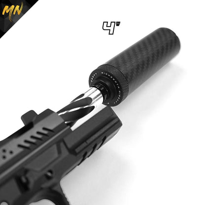 Take your airsoft game to the next level with the NEW Minnesota Airsoft Gen 4 Phantom Carbon Fiber Airsoft Suppressor. With its enhanced and lighter end cap design, upgraded materials including ultra-durable T6 7075 aluminum, and professional-grade open-cell acoustic foam, this suppressor delivers superior noise reduction and accuracy. Comes with a bonus red front end cap and luxury storage box for easy transportation.