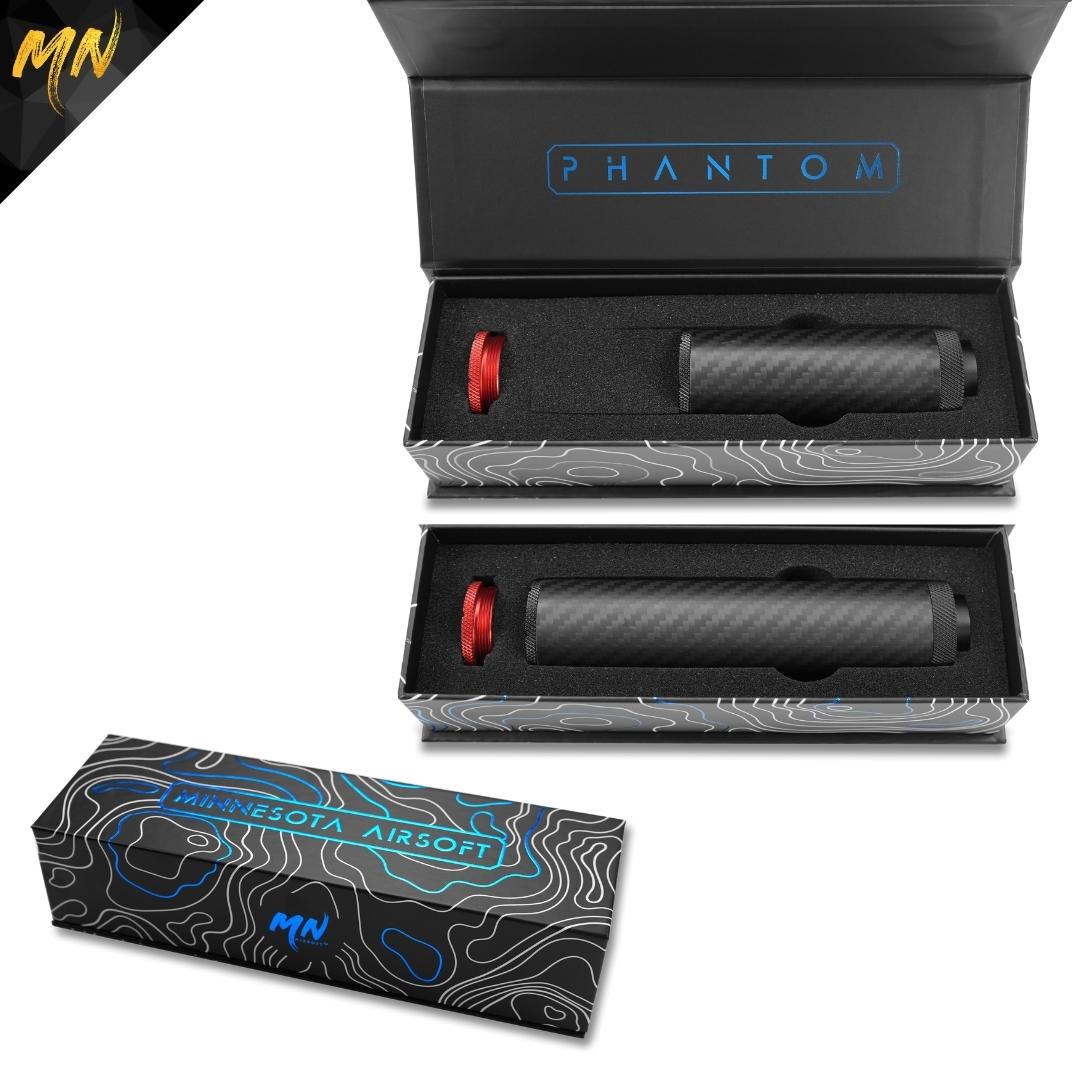 Introducing the NEW Minnesota Airsoft Gen 4 Phantom Carbon Fiber Airsoft Suppressor - the ultimate accessory for any airsoft enthusiast. Featuring knurled edges for easier access to internals and installation, upgraded materials including T6 7075 aluminum, and professional-grade open-cell acoustic foam, this suppressor is designed to improve your airsoft game. Includes a bonus red front end cap and luxury storage box for your convenience.