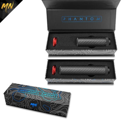 Introducing the NEW Minnesota Airsoft Gen 4 Phantom Carbon Fiber Airsoft Suppressor - the ultimate accessory for any airsoft enthusiast. Featuring knurled edges for easier access to internals and installation, upgraded materials including T6 7075 aluminum, and professional-grade open-cell acoustic foam, this suppressor is designed to improve your airsoft game. Includes a bonus red front end cap and luxury storage box for your convenience.
