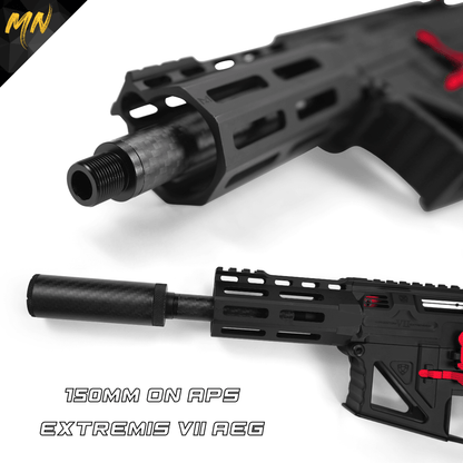 Minnesota Airsoft NEW Talon M4 AEG carbon fiber outer barrel. Available in 150mm, 280mm, and 363mm lengths Crafted meticulously to boost accuracy, range, and overall maneuverability, this lightweight and durable barrel will revolutionize your airsoft gun. Designed specifically for Tokyo Marui spec M4 Airsoft AEG rifles, it perfectly complements your airsoft gun, offering unmatched performance and durability. The Talon carbon fiber airsoft M4 outer barrel works with all 14mm CCW (-14mm) threads!